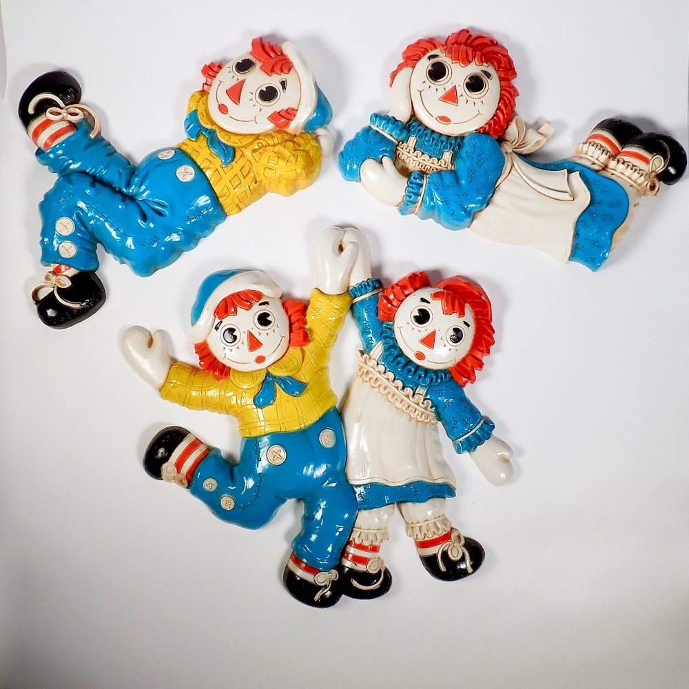 3-piece VTG 70s Raggedy Ann & Andy Wall Art Bobbs Merrill Plastic